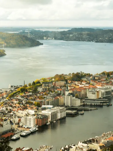 View of city surrounded by a body of water