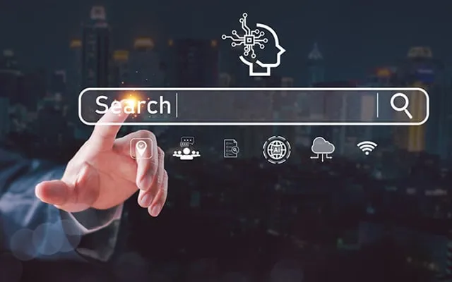 hand reaching out to touch a floating search bar