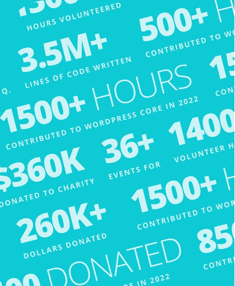 Image of WP Engine Give Back Program with Stats like $360K Donated to Charity and 1500+ hours contributed to WordPress Core in 2022