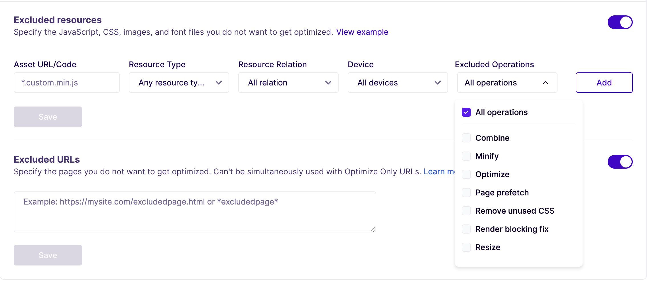 Screenshot of the cache settings page of the NitroPack dashboard showing the options for Exclusions.