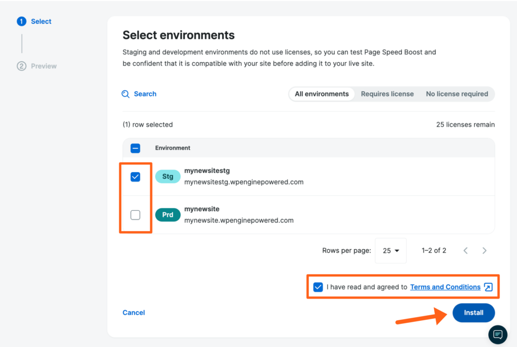 Screenshot of the Page Speed Boost page in the WP Engine User Portal showing how to install PSB on additional environments