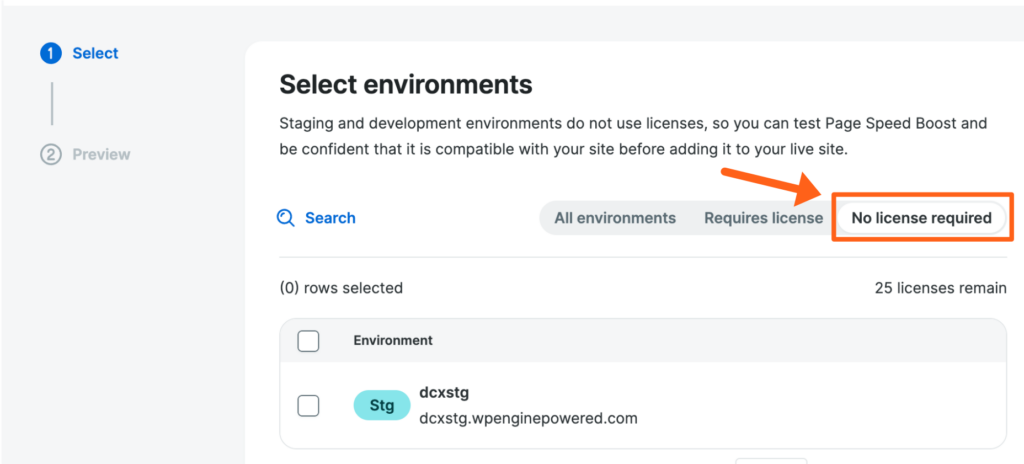 Screenshot of an environment's Page Speed Boost page in the WP Engine User Portal showing where to filter by environments that don't need a Page Speed Boost license