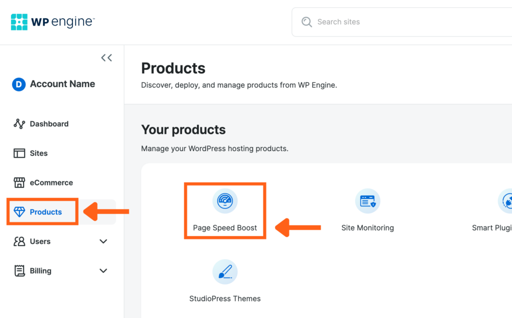 Screenshot of the Products page in the WP Engine User Portal showing the button to manage Page Speed Boost