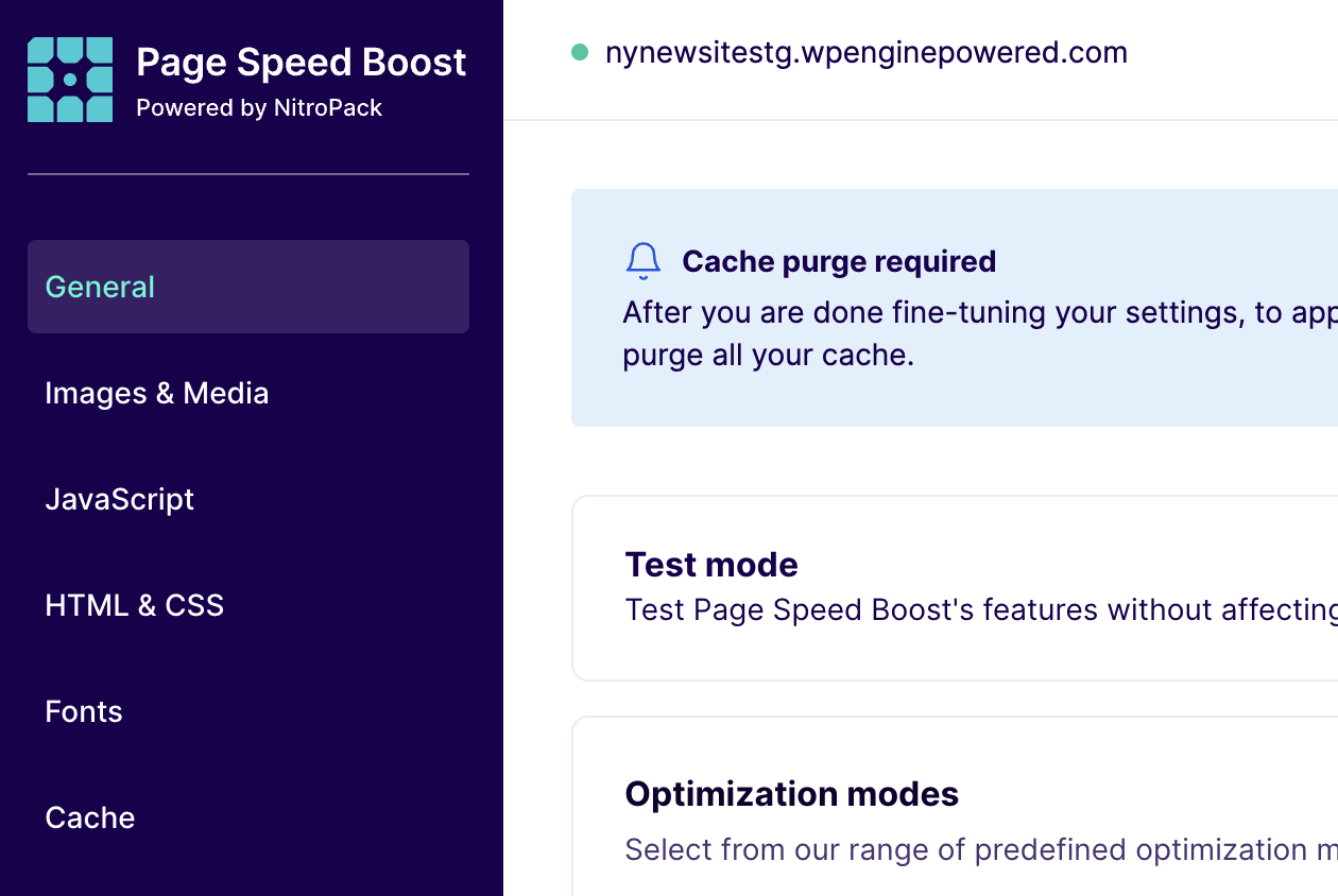 Screenshot of the sidebar in the settings page of the NitroPack dashboard