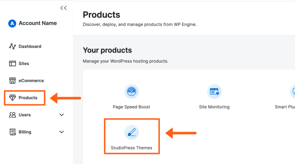 Screenshot of the Products page in the WP Engine User Portal showing where to manage StudioPress Themes