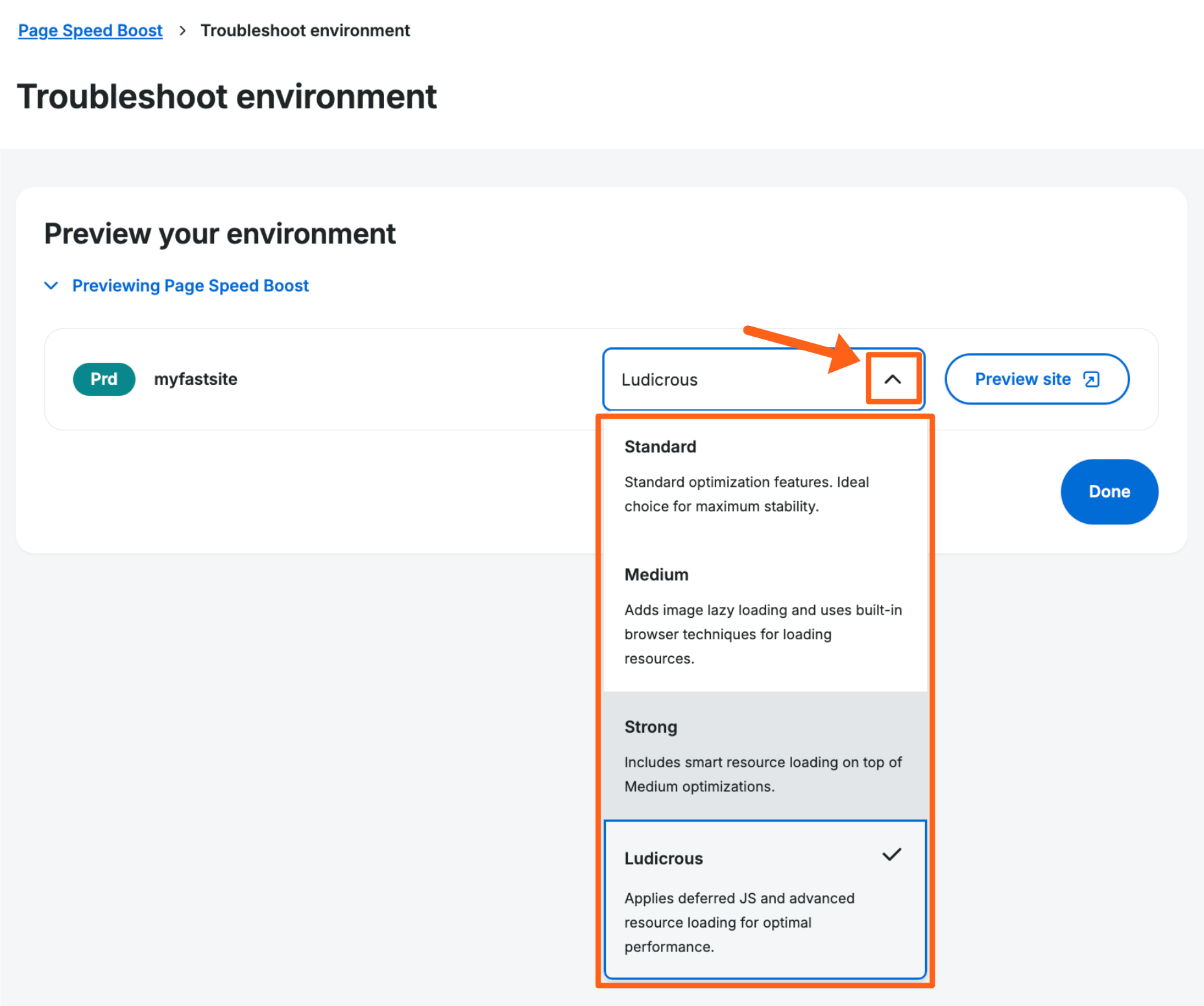 Screenshot of the Page Speed Boost page in the WP Engine User Portal showing the dropdown option to try a new optimization mode on an environment